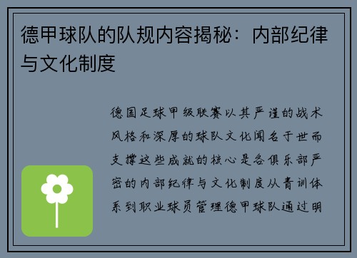 德甲球队的队规内容揭秘：内部纪律与文化制度