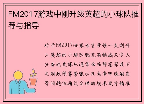 FM2017游戏中刚升级英超的小球队推荐与指导