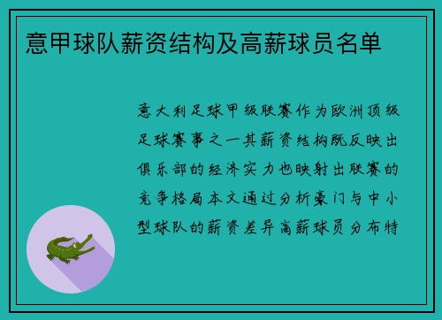 意甲球队薪资结构及高薪球员名单